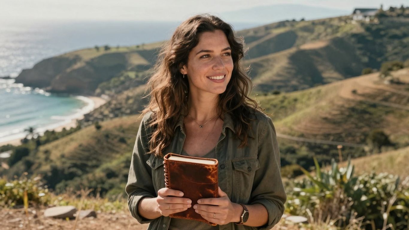 Kobieta z dziennikiem na tle gór i morza.