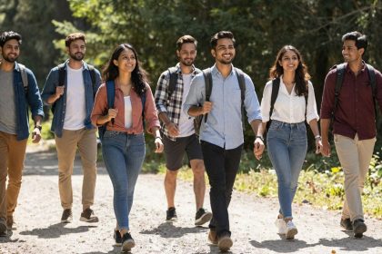 Ludzie cieszący się przyrodą, symbolizujący karierę w turystyce.