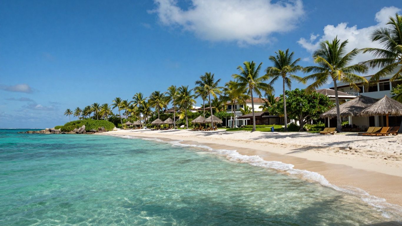 Plaża z palmami i luksusowym hotelem.