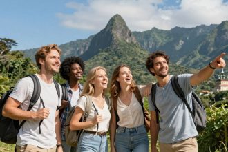 Podróżnicy cieszący się malowniczym krajobrazem podczas wycieczki.