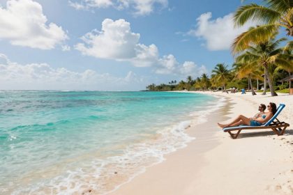 Rajska plaża z palmami i turkusową wodą.