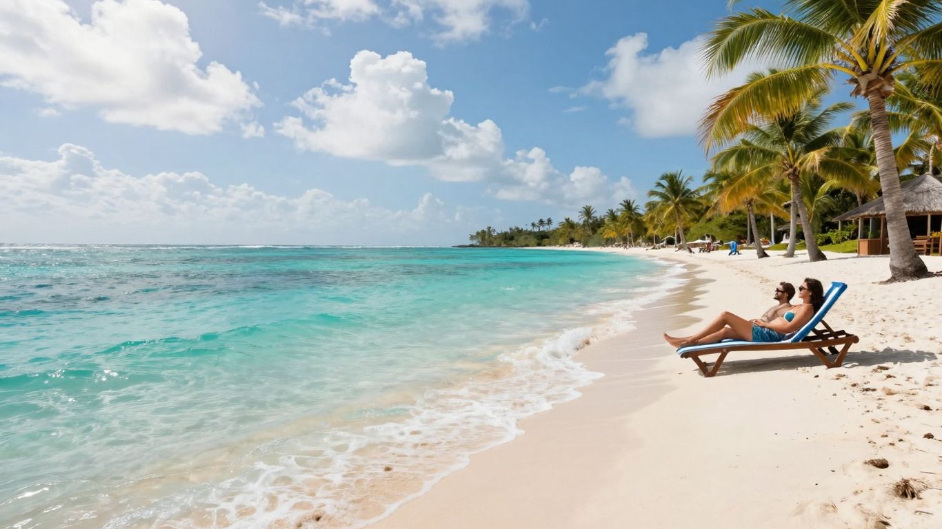 Rajska plaża z palmami i turkusową wodą.