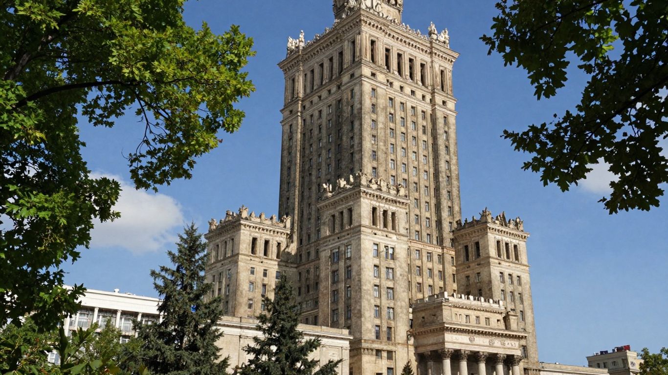 Pałac Kultury i Nauki w Warszawie, zielone drzewa, błękitne niebo.