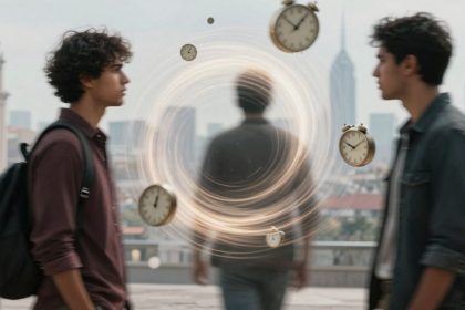 Wirujący wir światła i zniekształcone tarcze zegarów.