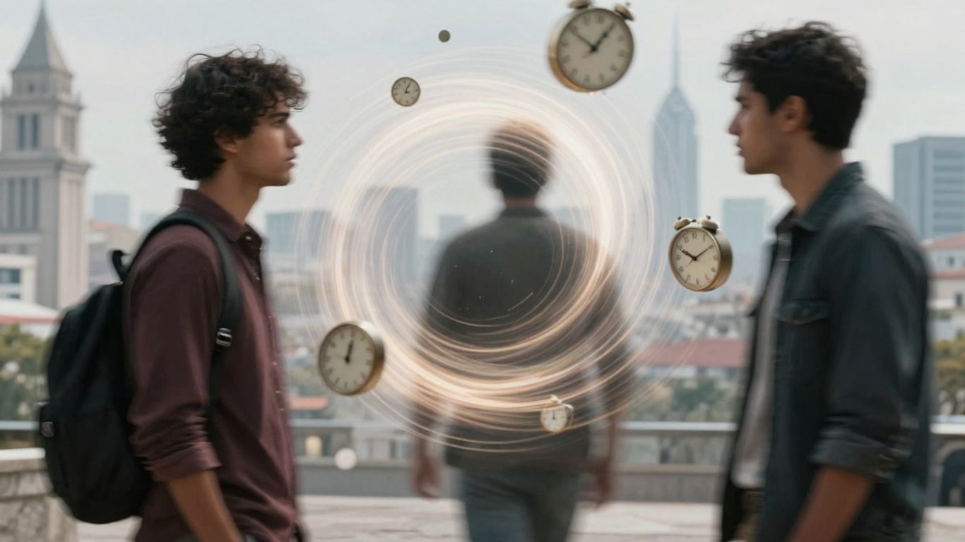 Wirujący wir światła i zniekształcone tarcze zegarów.