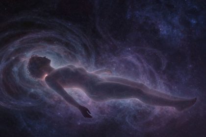 Sylwetka unosząca się nad śpiącym ciałem w kosmosie.