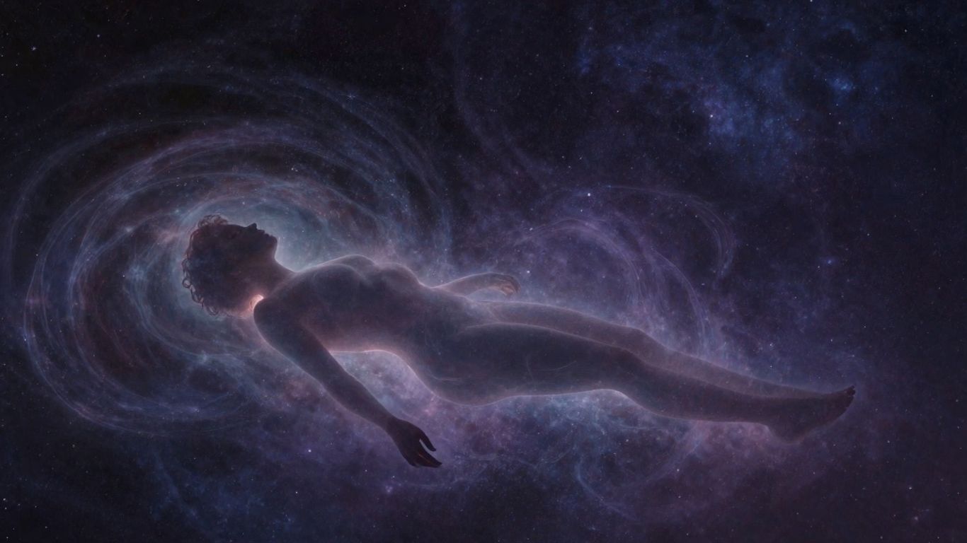 Sylwetka unosząca się nad śpiącym ciałem w kosmosie.