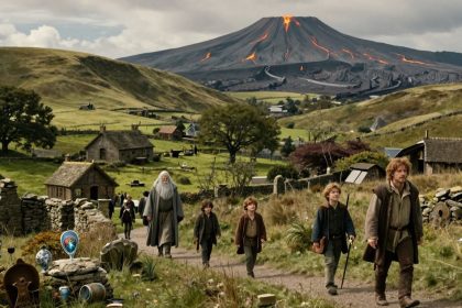 Krajobrazy Śródziemia z postaciami z Władcy Pierścieni.