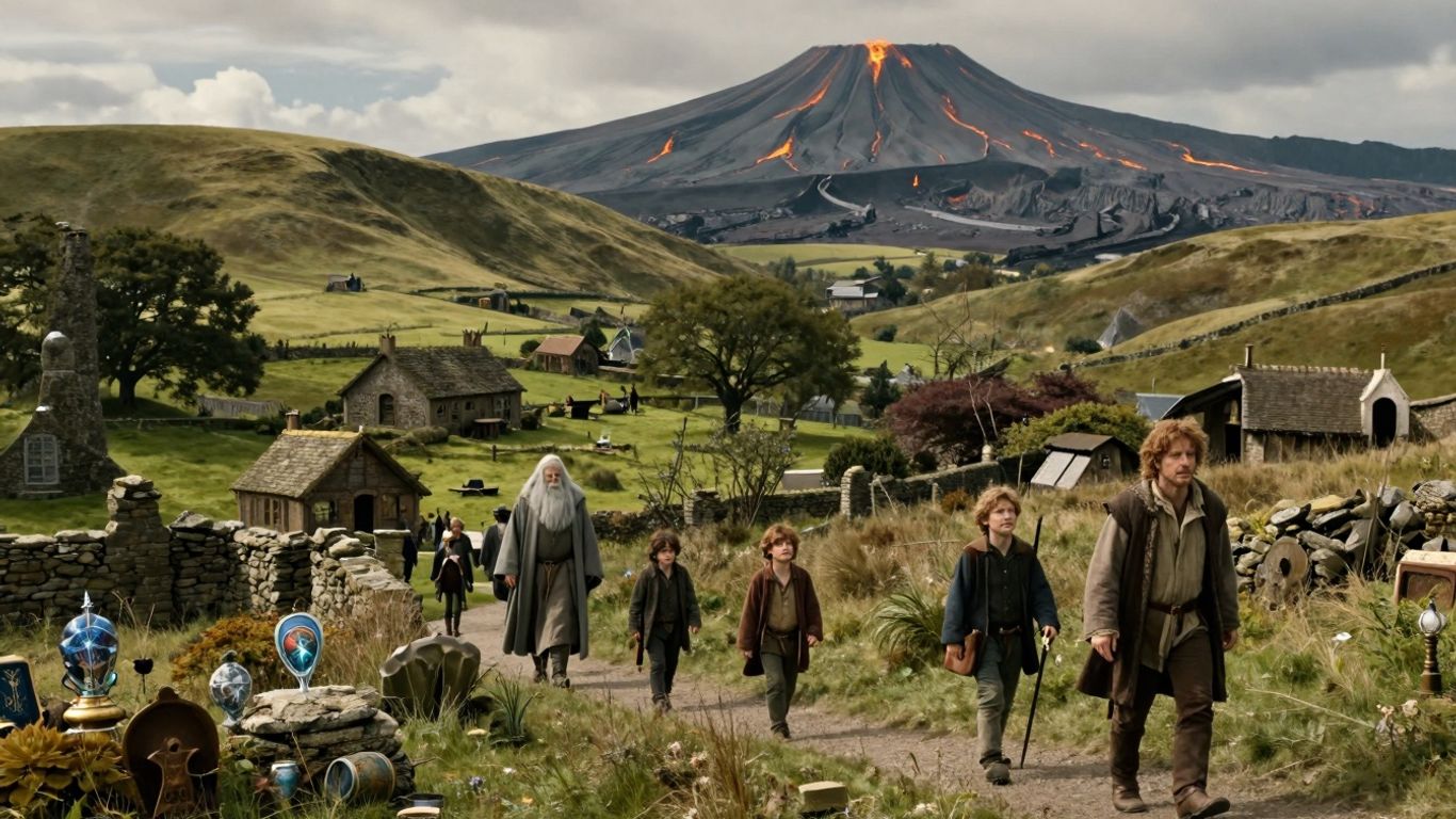 Krajobrazy Śródziemia z postaciami z Władcy Pierścieni.