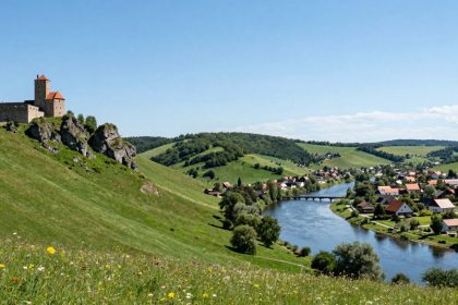 Malowniczy krajobraz Dolnego Śląska z zamkami i rzeką.