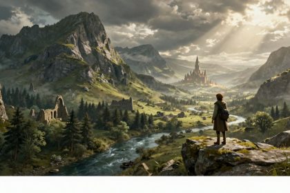 Krajobraz Śródziemia z hobbitami i fortecą.