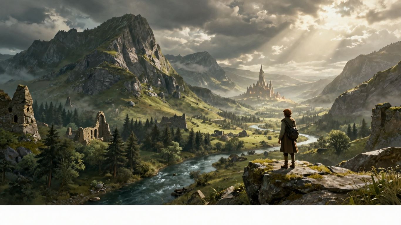 Krajobraz Śródziemia z hobbitami i fortecą.