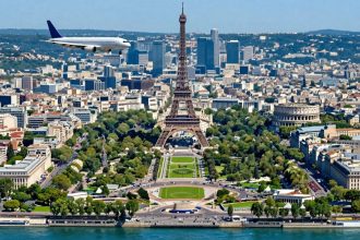 Samolot lecący nad europejskimi miastami