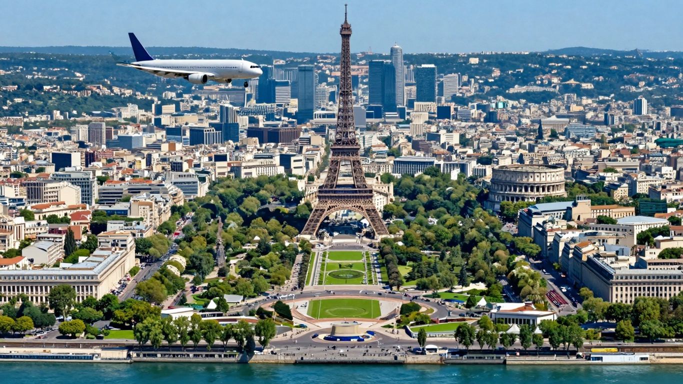 Samolot lecący nad europejskimi miastami