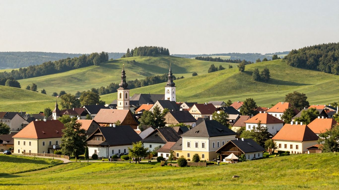 Malowniczy widok Iwonicza-Zdroju z zielonymi wzgórzami i domami.