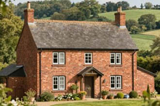 Urokliwy ceglany dom na wsi wśród zieleni.