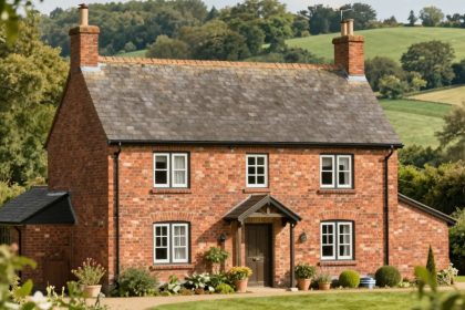 Urokliwy ceglany dom na wsi wśród zieleni.