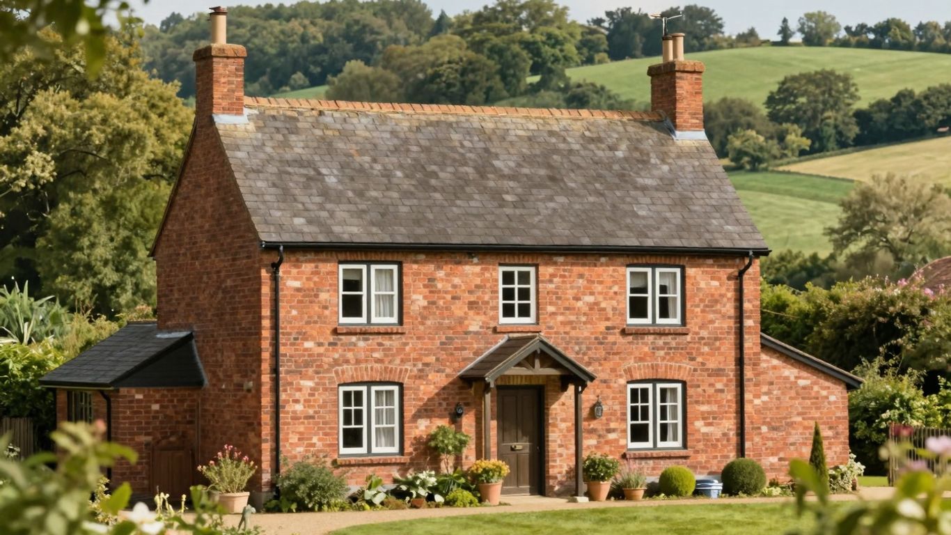 Urokliwy ceglany dom na wsi wśród zieleni.
