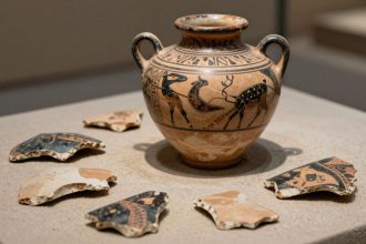 Fragmenty starożytnej greckiej ceramiki na piasku.