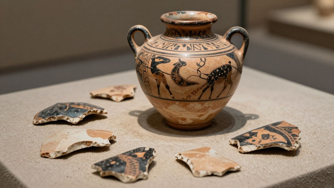 Fragmenty starożytnej greckiej ceramiki na piasku.