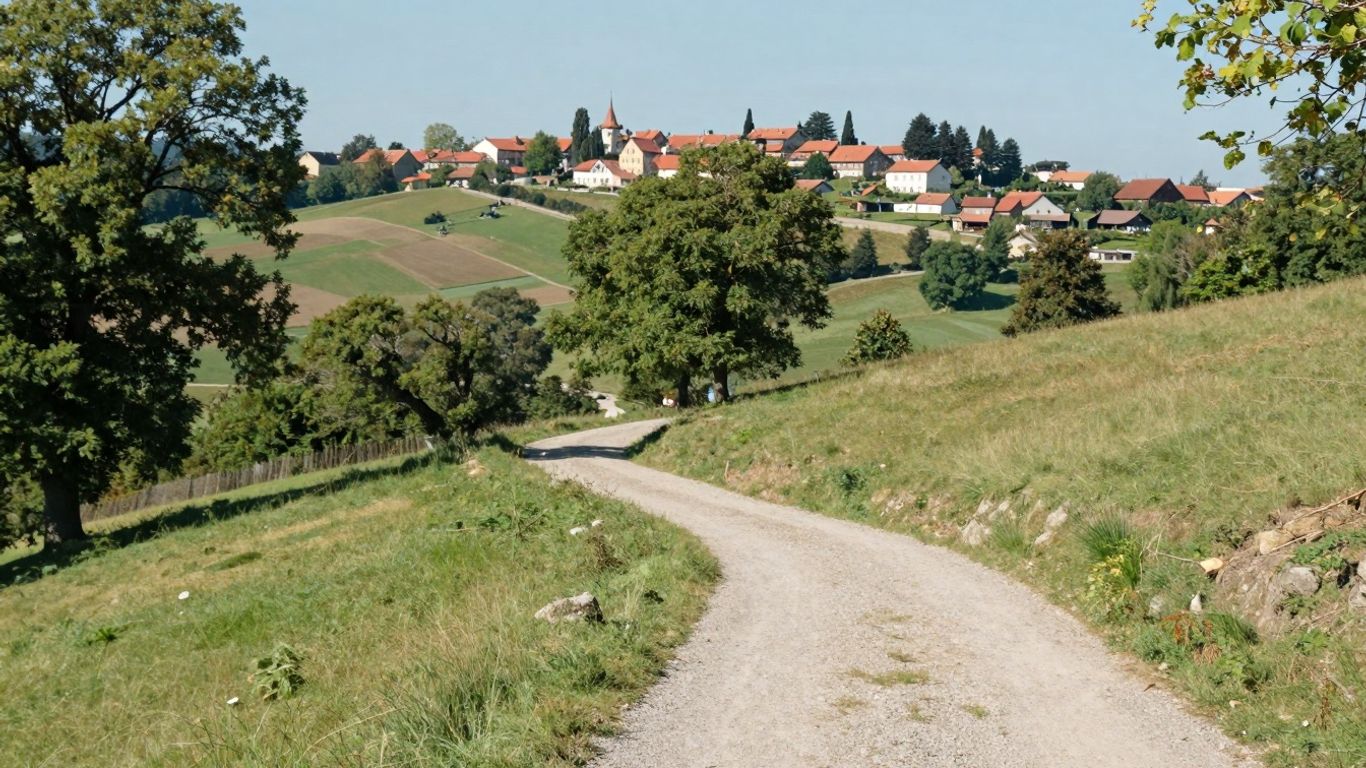 Krajobraz z drogą do wioski i zielonymi drzewami.