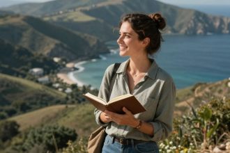 Kobieta na wzgórzu z widokiem na morze