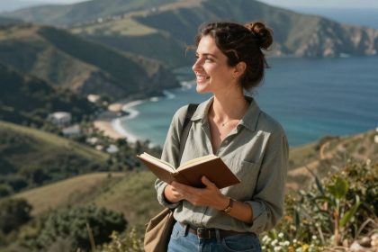 Kobieta na wzgórzu z widokiem na morze