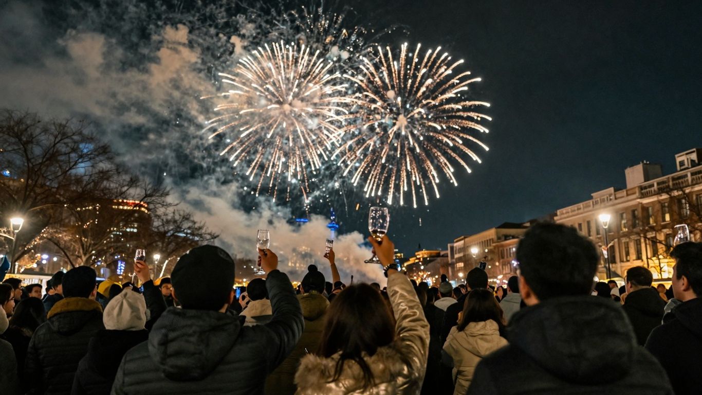 Sylwester 2025: fajerwerki nad miastem, ludzie świętują.
